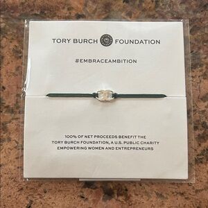 Tory Burch Silver Charm Bracelet with Green Band
